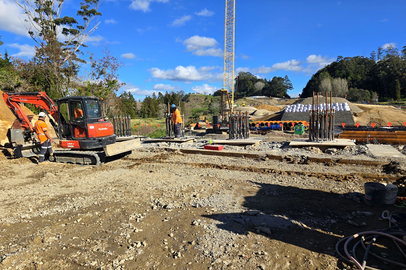 Plant and crew at the pile caps. June 2026. SH29 Omanawa Bridge Replacement