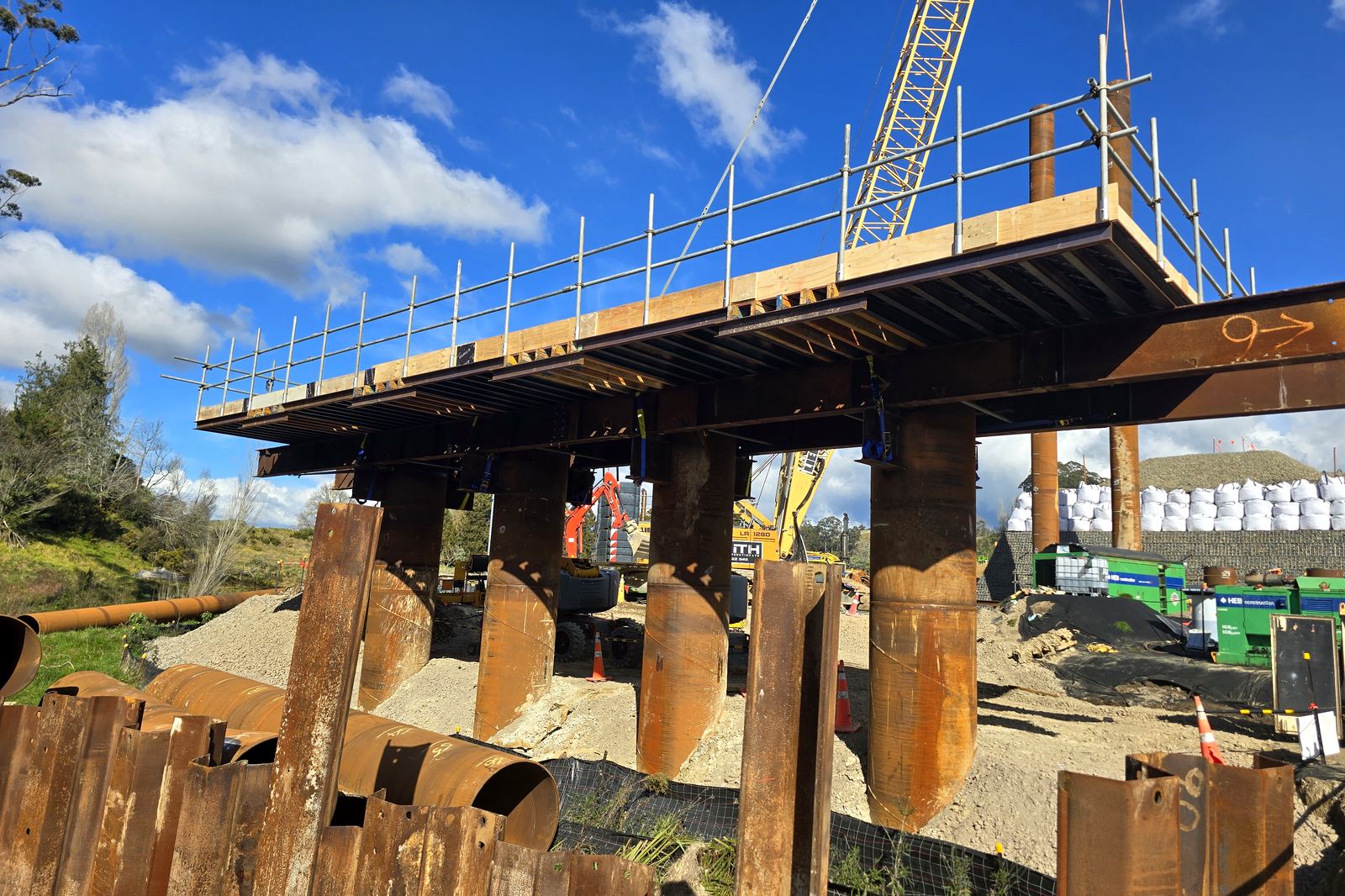 Falsework on the driven piles for the pier crosshead pour. July 2026. SH29 Omanawa Bridge Replacement