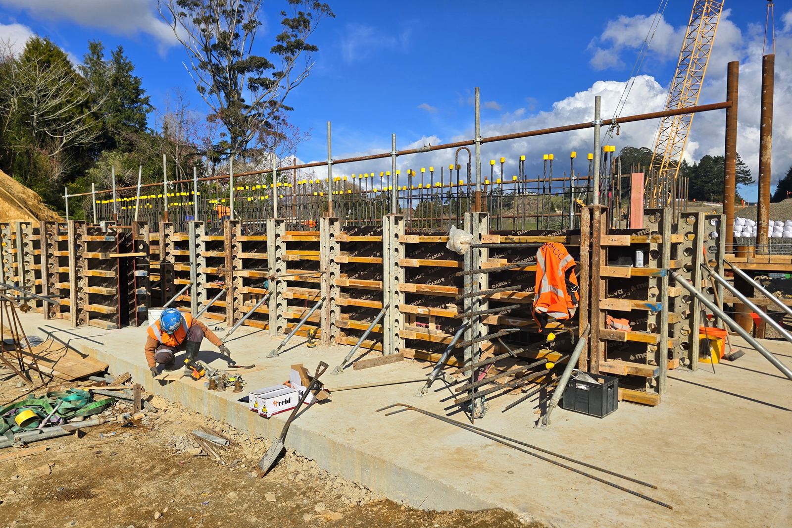 Formwork and reinforcing to an abutment wall. July 2026. SH29 Omanawa Bridge Replacement