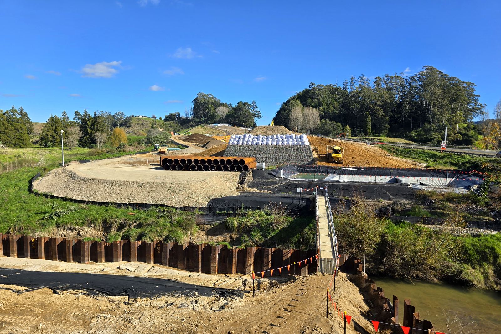 Sheet pile retention across the site. May 2026. SH29 Omanawa Bridge Replacement