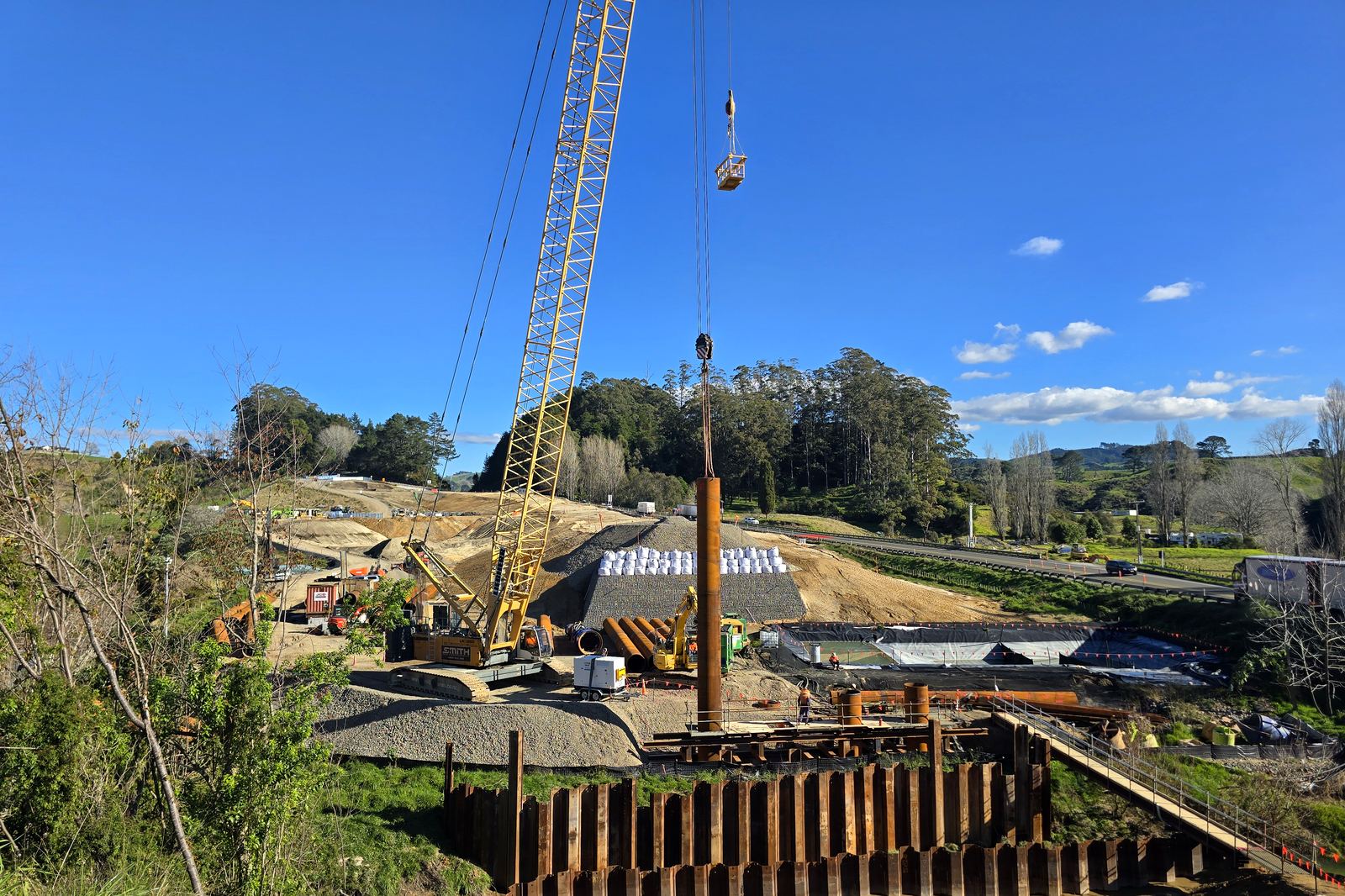 Wide view across the works. July 2026. SH29 Omanawa Bridge Replacement